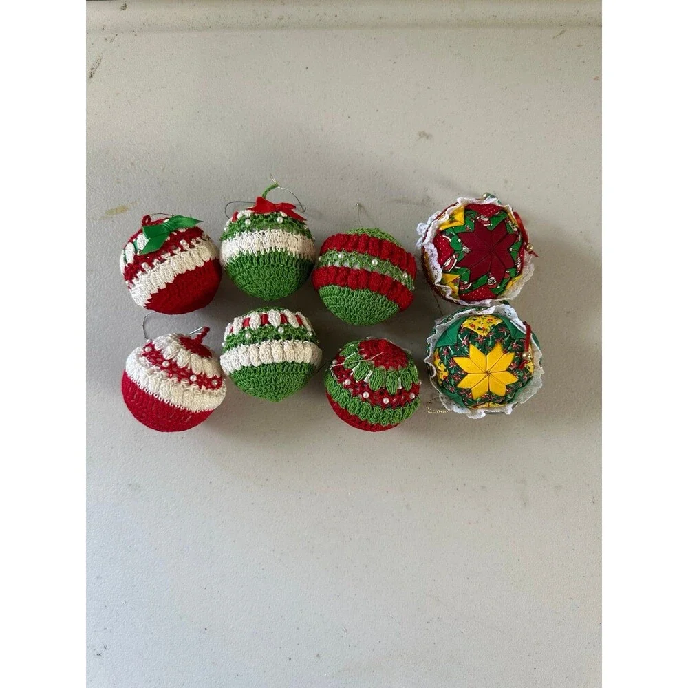 Handmade Lot Of 8 Crochet Quilted Folded Star Knitted Christmas Ornament Balls